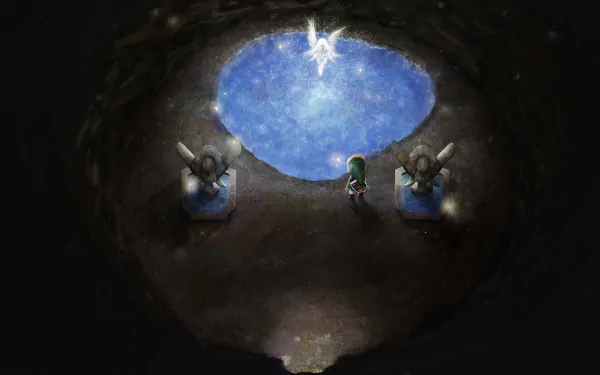 HD PC desktop wallpaper: scene from the video game The Legend of Zelda: A Link to the Past — Link stands in a dark cavern between two statues, gazing up at a starry opening above.