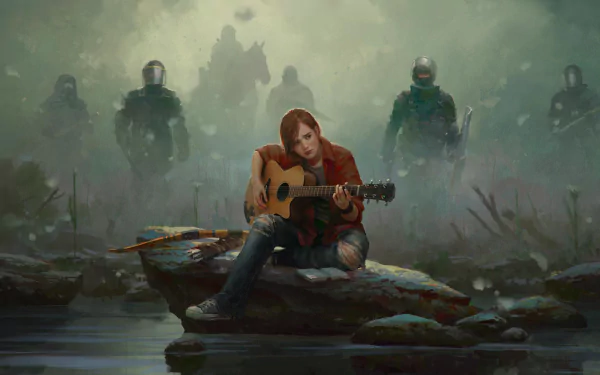 HD desktop wallpaper featuring a character from The Last of Us playing guitar, with a post-apocalyptic background and silhouetted figures emerging in the fog.