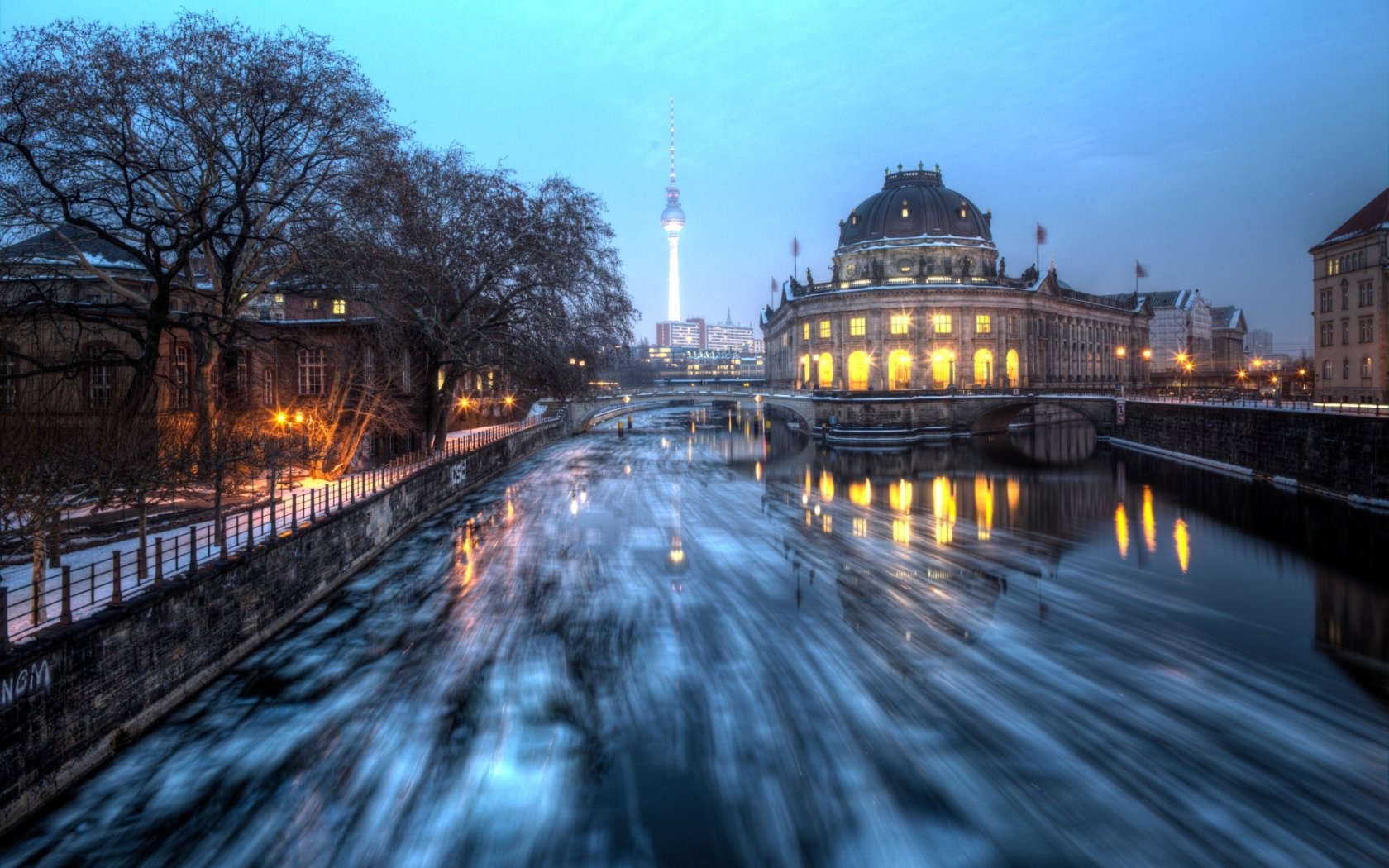 HD PC desktop wallpaper background: Bode Museum at dusk, man-made architecture reflected in the Spree River, TV tower and glowing city lights.