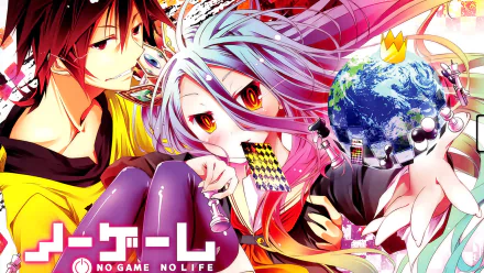 HD desktop wallpaper featuring Sora and Shiro from the anime No Game No Life, vividly depicted with colorful, dynamic artwork.