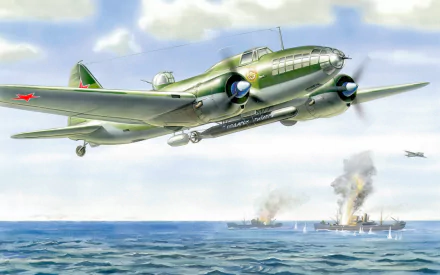 HD military desktop wallpaper depicting an Ilyushin DB-3 bomber flying over a naval battle scene with smoke rising from ships at sea.