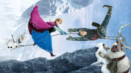 A vibrant HD wallpaper featuring Anna, Kristoff, Olaf, and Sven from Disney's Frozen, showcasing their adventurous spirit in a snowy landscape.