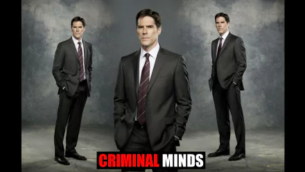 A striking HD wallpaper featuring three versions of a character in a suit, set against a gray backdrop, with the bold title Criminal Minds prominently displayed.