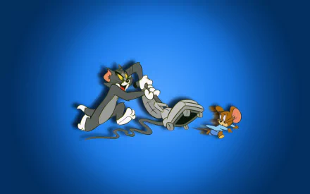 HD wallpaper featuring Tom and Jerry, showcasing their classic antics. Tom is hilariously caught in a vacuum while Jerry scampers away, set against a vibrant blue background.