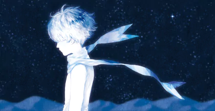 Anime-style HD desktop wallpaper depicting a serene scene from The Adventures of the Little Prince, featuring the prince gazing into a starry night sky.