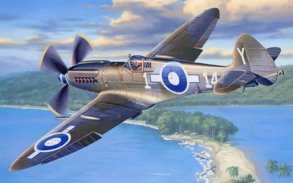 HD PC desktop wallpaper and background showing a military Supermarine Seafire fighter in flight over a tropical coastline, blue RAF roundels and spinning propeller.