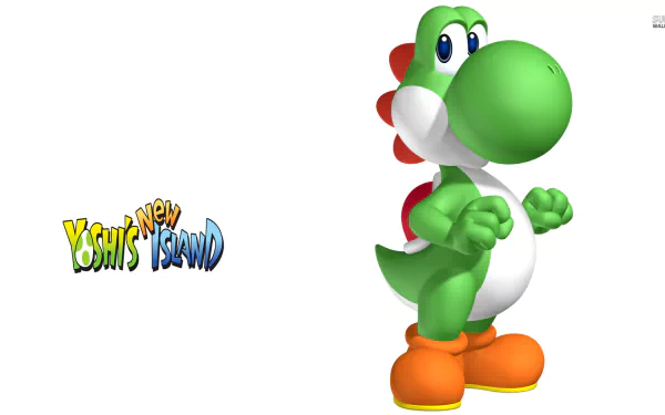 HD desktop wallpaper featuring Yoshi from Yoshi's New Island video game with the game's logo on the left side.