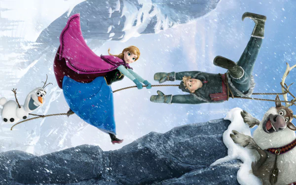 A vibrant HD wallpaper featuring Anna, Kristoff, Olaf, and Sven from Disney's Frozen, showcasing their adventurous spirit in a snowy landscape.