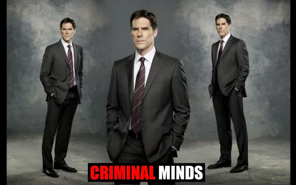 A striking HD wallpaper featuring three versions of a character in a suit, set against a gray backdrop, with the bold title Criminal Minds prominently displayed.