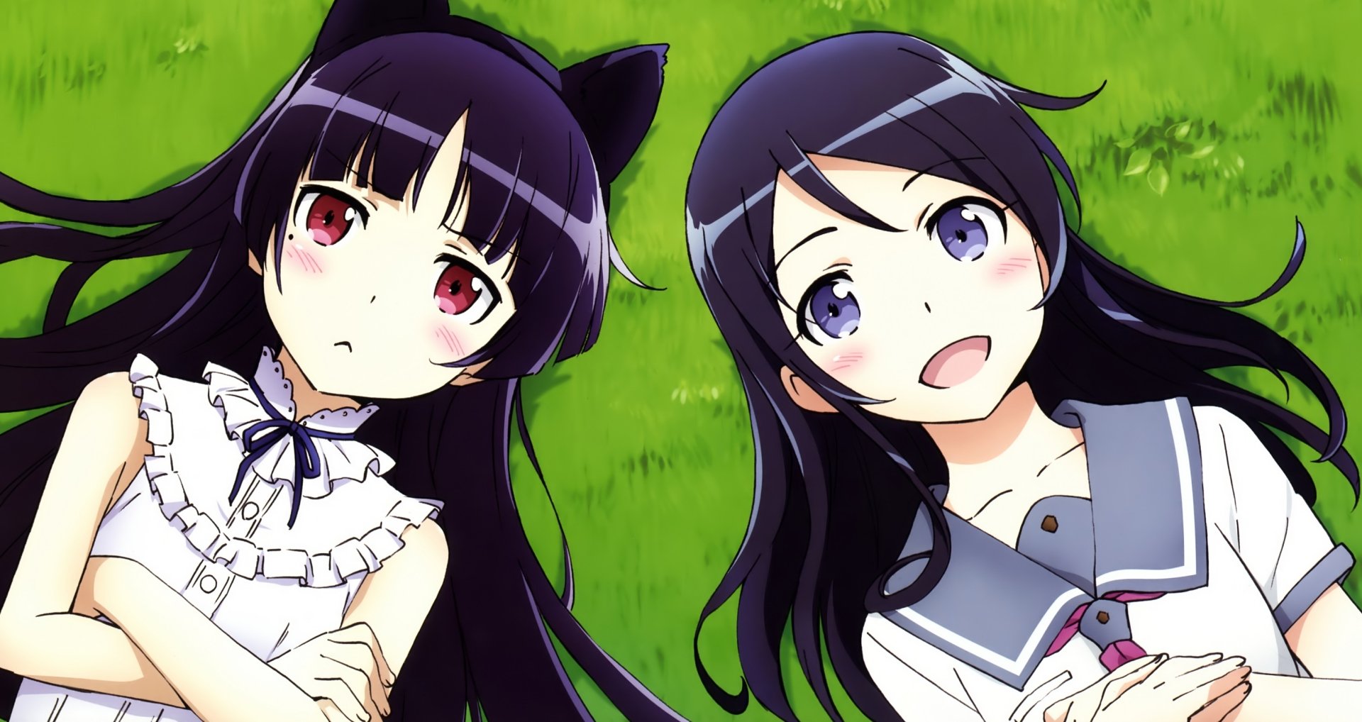 Ayase Aragaki and Ruri Gokō from the anime Oreimo are depicted with red eyes, lying on grass, creating a vibrant HD desktop wallpaper background.