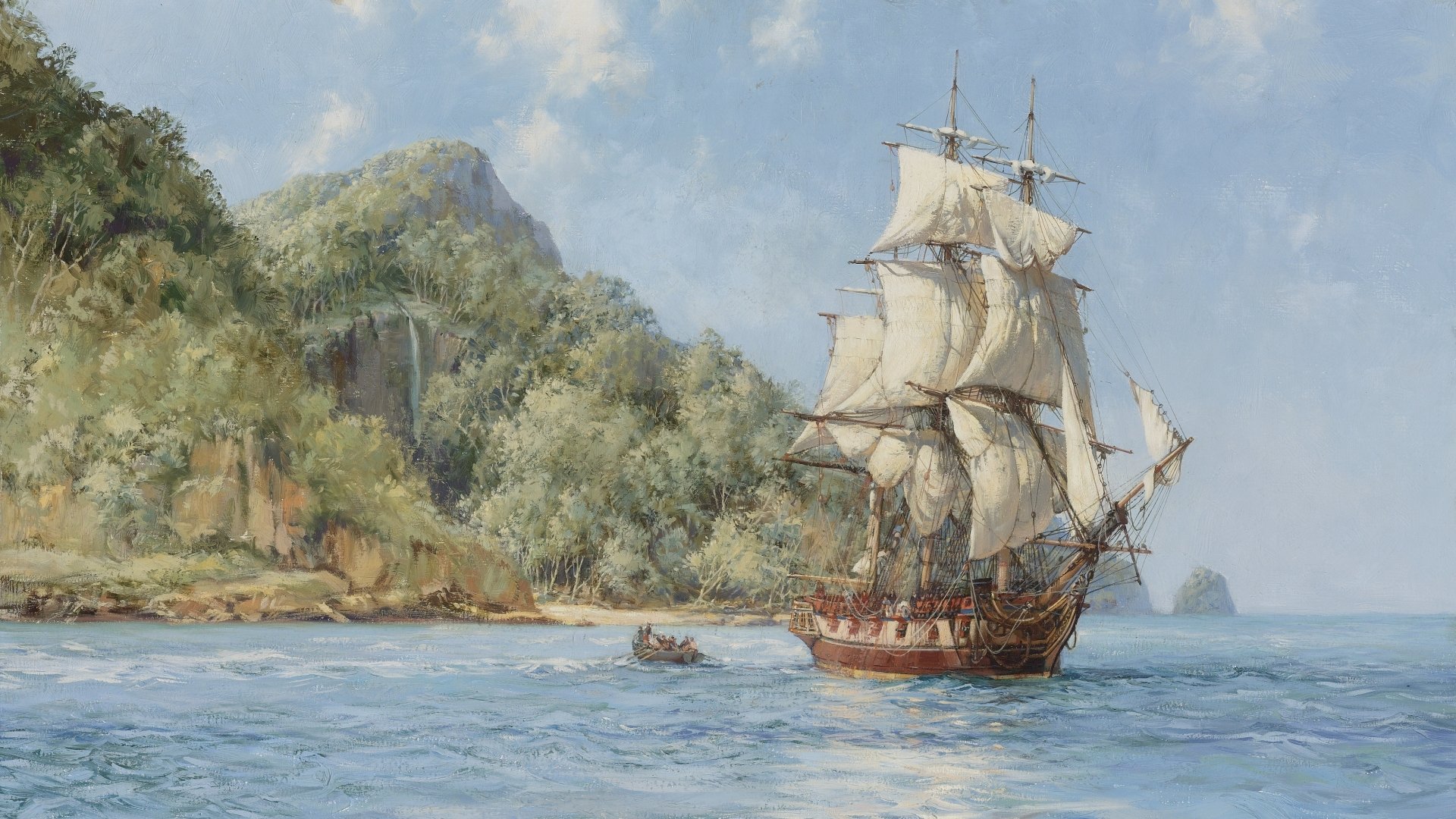 4K Ultra HD PC desktop wallpaper: a sailing ship (vehicle) with full sails and a small rowboat near a lush coastal cliff under a soft blue sky.