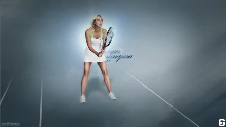 HD PC desktop wallpaper featuring Maria Sharapova in a white tennis outfit, poised with a racket against a subtle blue-gray sports-themed background.