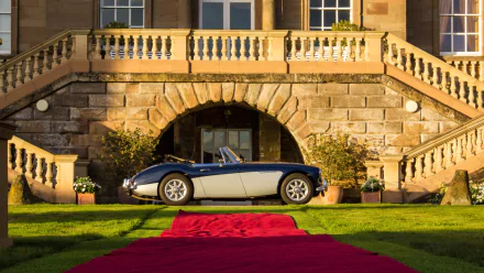 HD PC desktop wallpaper featuring a classic Austin-Healey 3000 convertible parked on a red carpet in front of an elegant stone building with grand stairs.
