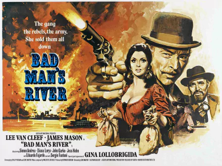 2K Quad HD PC desktop wallpaper and background: vintage movie poster for Bad Man's River featuring a pistol-wielding outlaw, a woman in red, riverboats and a fiery sunset.