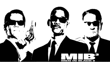Black and white HD PC desktop wallpaper of Men In Black 3 featuring three agents from the movie wearing suits and sunglasses.