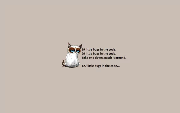 HD desktop wallpaper featuring Grumpy Cat with humorously themed programming text on bug fixing.