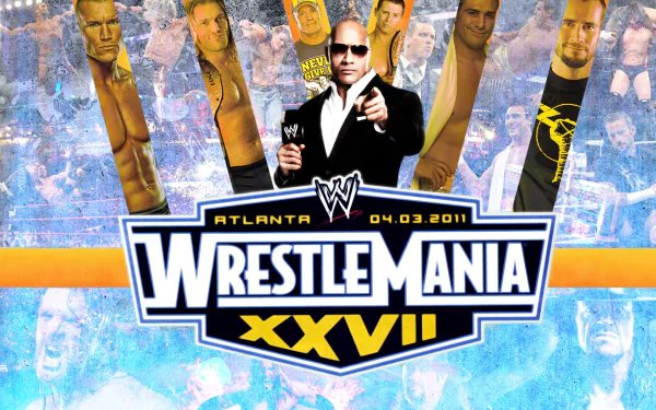 HD desktop wallpaper featuring the WWE WrestleMania XXVII logo, with iconic wrestlers and a vibrant background, capturing the excitement of sports entertainment.