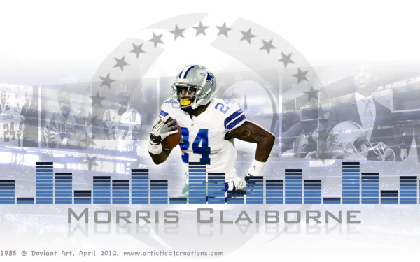 HD desktop wallpaper featuring NFL player Morris Claiborne of the Dallas Cowboys in action, with a dynamic sports-themed graphic background.