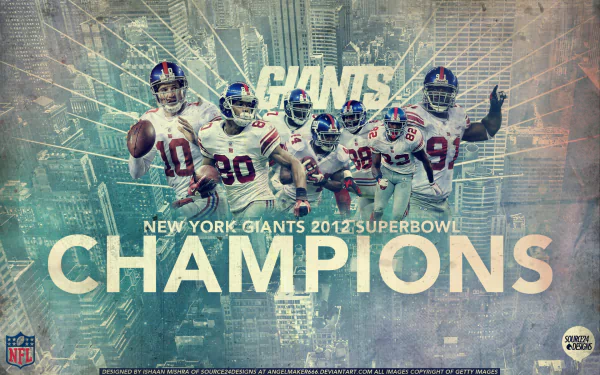 HD desktop wallpaper featuring New York Giants NFL players celebrating their 2012 Super Bowl championship with a dynamic cityscape background.