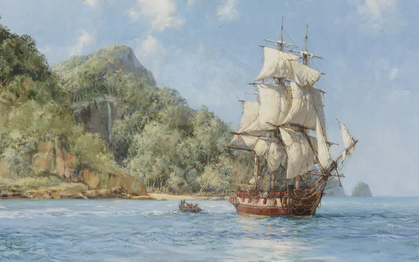 4K Ultra HD PC desktop wallpaper: a sailing ship (vehicle) with full sails and a small rowboat near a lush coastal cliff under a soft blue sky.