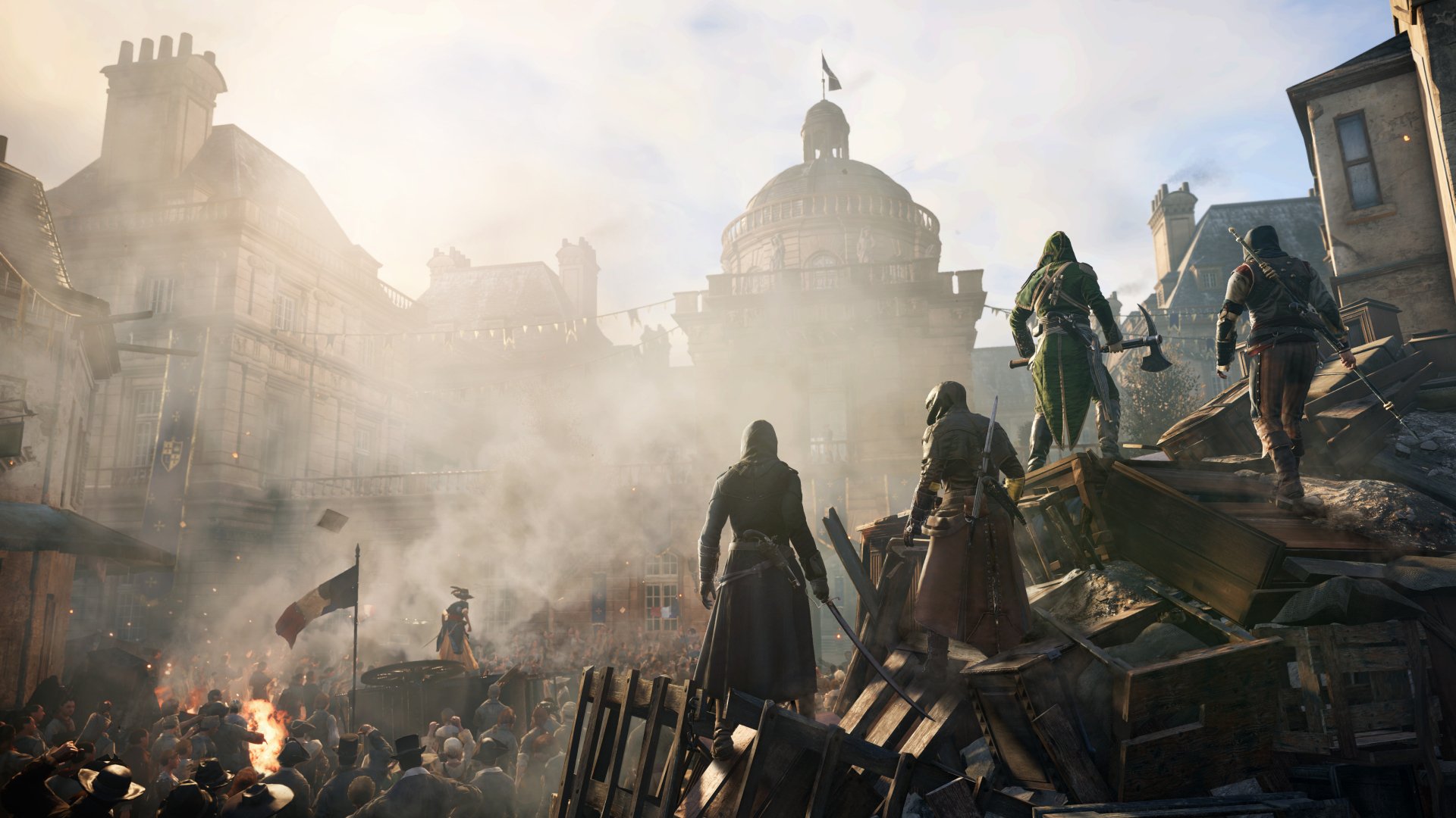 HD desktop wallpaper featuring a dynamic scene from Assassin's Creed: Unity with characters in a smoky, historic cityscape preparing for battle.