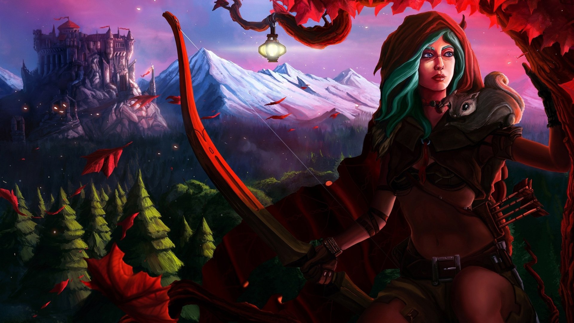 HD fantasy PC desktop wallpaper featuring a fierce archer with teal hair and a bow, set against a dramatic mountainous landscape and a fiery red sky.