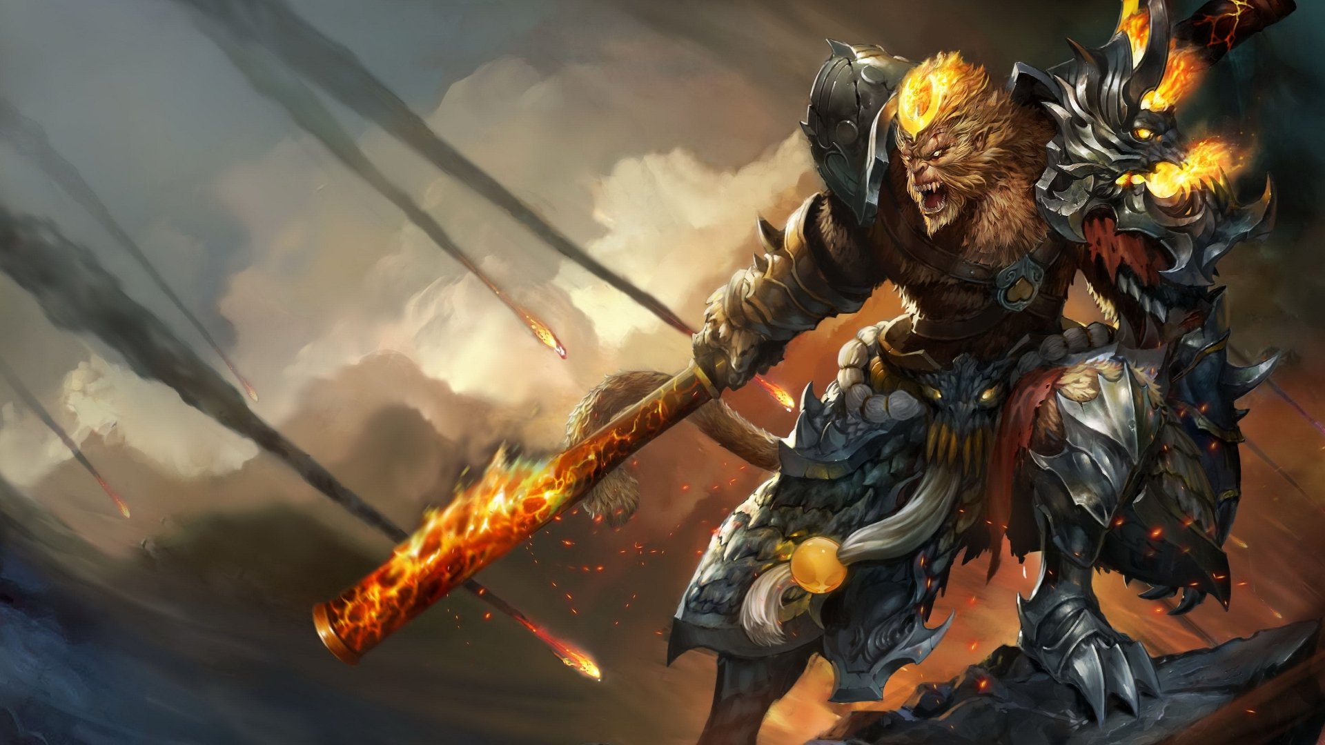 HD desktop wallpaper featuring Wukong from League of Legends, wielding a flaming staff in an action-packed battle scene amid the dramatic landscapes of Ionia.