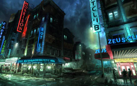HD PC desktop wallpaper featuring a dark, moody city street scene from the video game Prototype 2, illuminated by neon signs and glowing building facades at night.