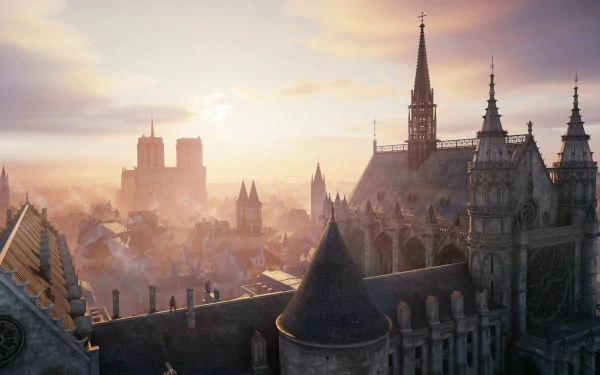 4K Ultra HD PC desktop wallpaper of a detailed cityscape from the video game Assassin's Creed: Unity, featuring historic rooftops and a tall cathedral spire at sunset.