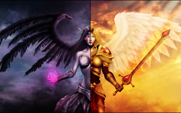 A striking HD wallpaper featuring Kayle and Morgana from League of Legends, contrasting divine light and dark magic with intricate details and vibrant colors.
