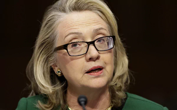 Portrait of Hillary Rodham Clinton, featuring her wearing glasses and a green blazer, captured in a moment of speaking. This image serves as a vibrant HD desktop wallpaper.
