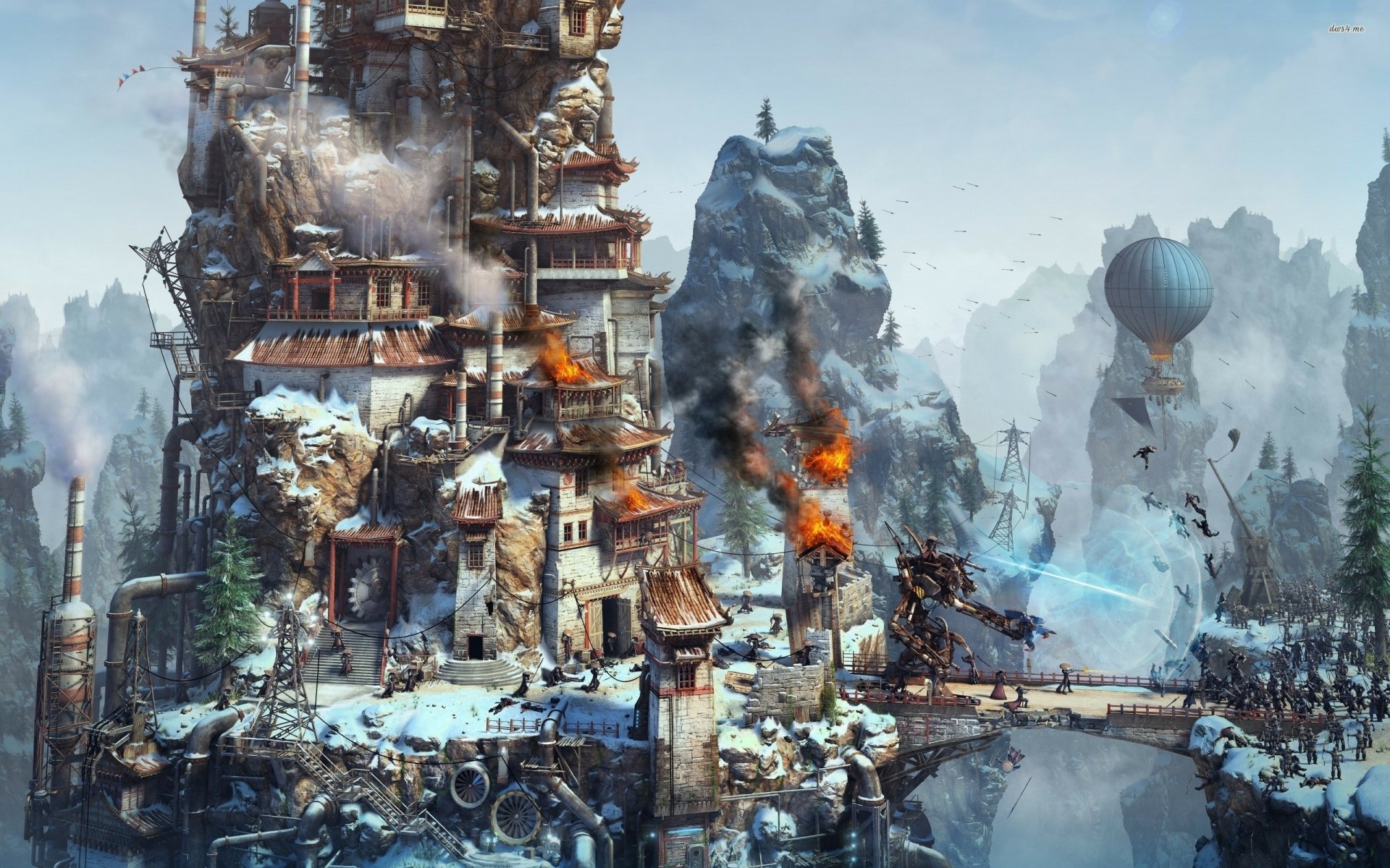 HD desktop wallpaper showcasing a steampunk snowy cityscape with towering structures, airships, and dynamic scenes of activity.