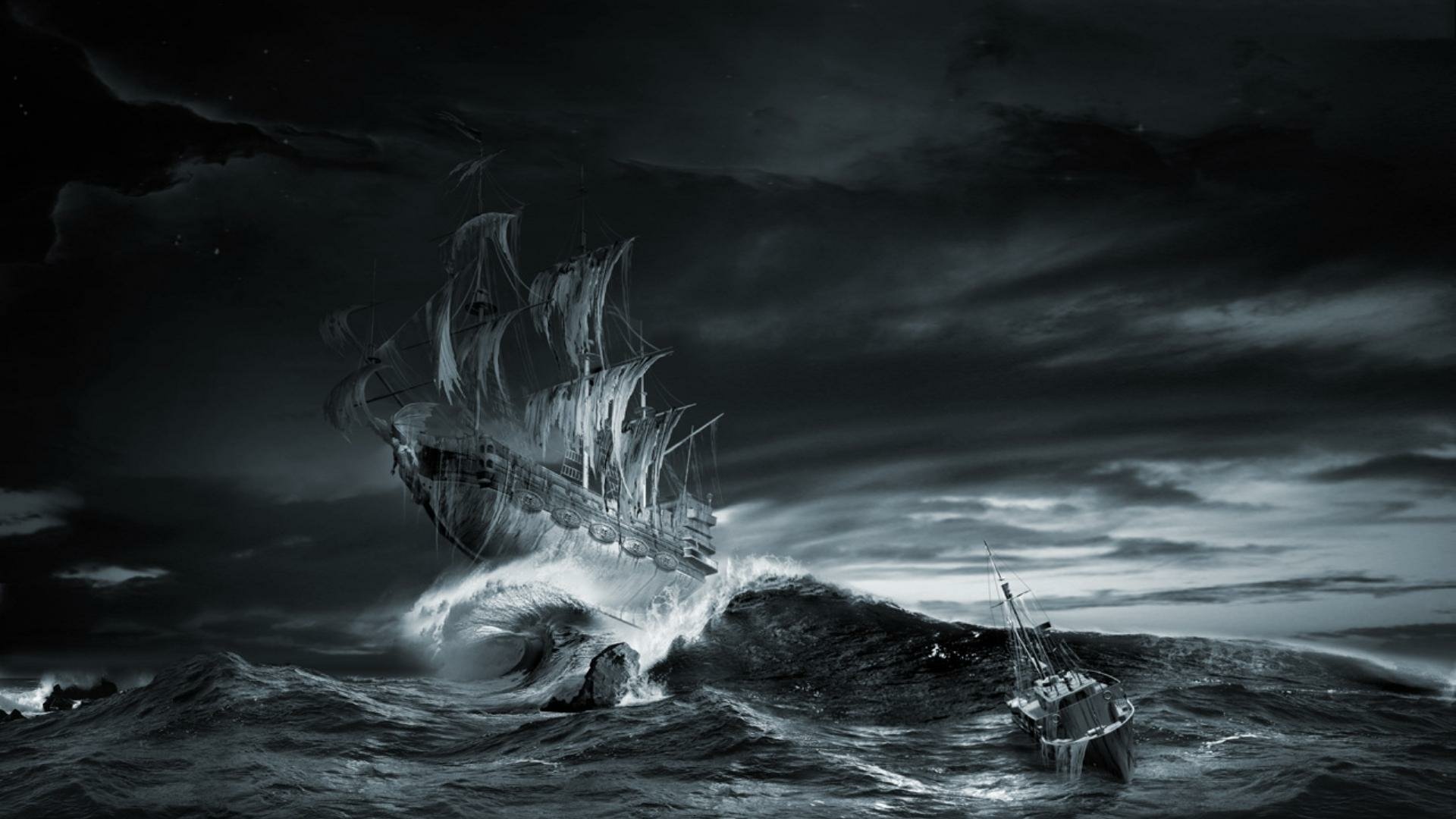 Fantasy HD PC desktop wallpaper: a ghostly sailing ship with torn sails surges through towering storm waves beneath a brooding sky, a tiny boat tossed in the turbulent sea.