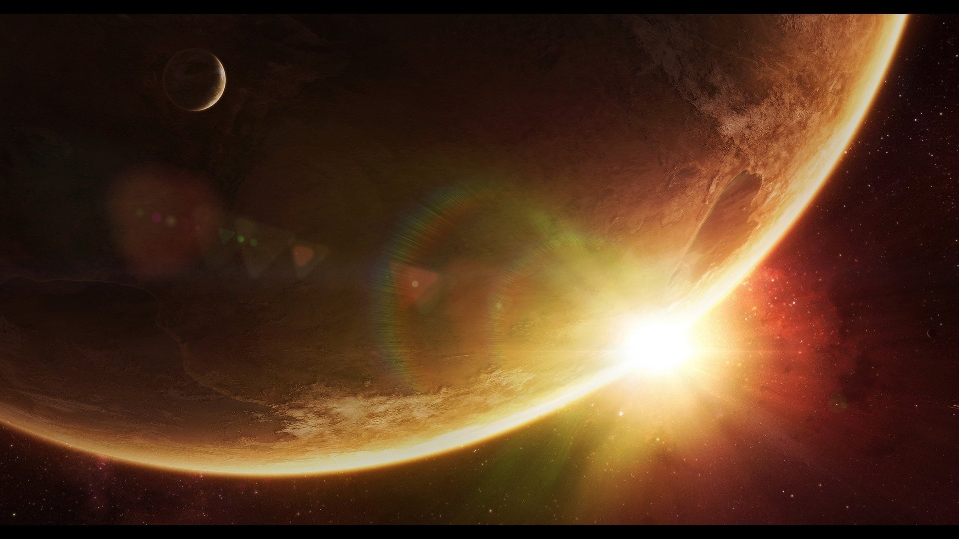 A sci-fi HD PC desktop wallpaper showing a dramatic sunrise over a large planet with a smaller moon visible in the background.