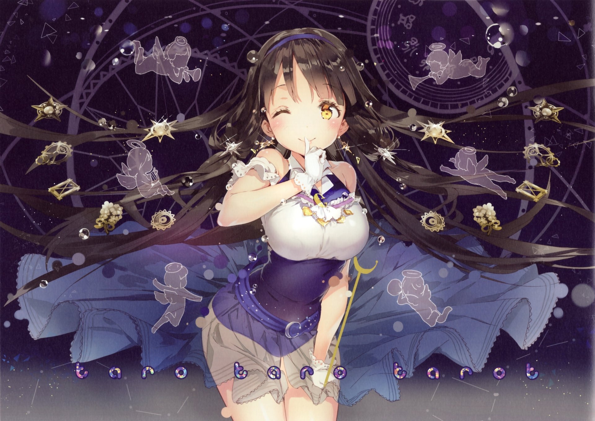 A vibrant HD anime wallpaper featuring an original character with long hair, playfully holding a finger to her lips against a dark, starry background adorned with mystical symbols.