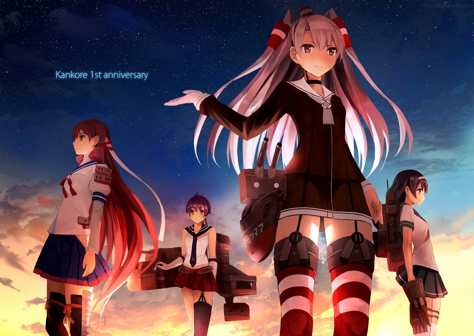 Anime artwork from Kantai Collection, featuring four characters against a dramatic sunset backdrop, celebrating the game's 1st anniversary. HD desktop wallpaper and background.