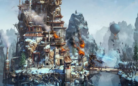 HD desktop wallpaper showcasing a steampunk snowy cityscape with towering structures, airships, and dynamic scenes of activity.