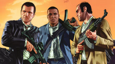 A dynamic HD wallpaper from Grand Theft Auto V featuring three main characters, each holding weapons and set against a vibrant sunset backdrop, embodying the game's intense action and drama.