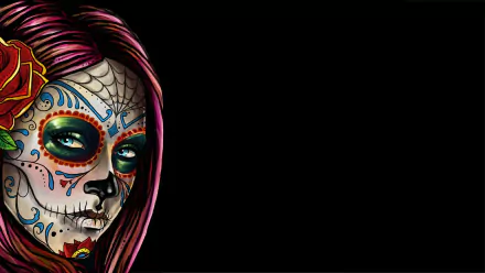 Artistic HD PC desktop wallpaper featuring a vibrant sugar skull face paint design with colorful patterns on a dark background.