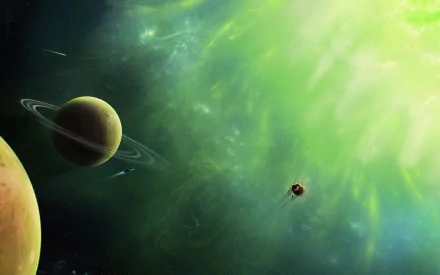 HD sci-fi desktop wallpaper depicting a vibrant planetary ring system with glowing green and yellow nebulae in the background.