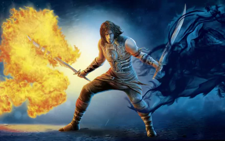 HD PC desktop wallpaper featuring the Prince of Persia from the video game Prince of Persia: The Shadow and the Flame, wielding fiery and shadowy powers in a dynamic pose.