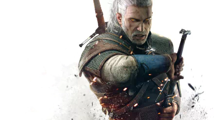 A striking HD wallpaper featuring Geralt of Rivia from the video game The Witcher 3: Wild Hunt, showcasing his intense expression and dynamic pose amidst a burst of action.