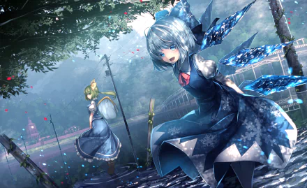 HD wallpaper featuring Daiyousei and Cirno from Touhou, depicted on a mystic bridge over water, with Cirno in a dynamic blue dress and Daiyousei in a white outfit amidst a serene, verdant setting.