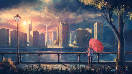 HD wallpaper of an anime-style cityscape at sunset, featuring a figure with a red umbrella overlooking the skyline from a flower-lined bridge.