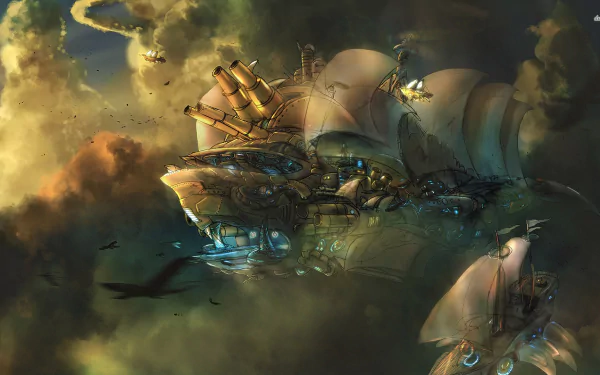 HD desktop wallpaper depicting a steampunk sci-fi scene with a flying ship and whales soaring through cloudy skies.