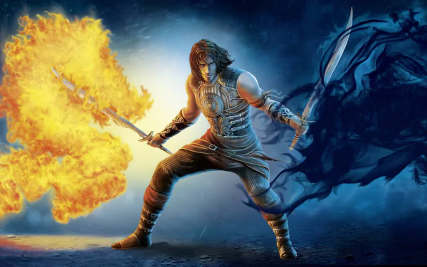 HD PC desktop wallpaper featuring the Prince of Persia from the video game Prince of Persia: The Shadow and the Flame, wielding fiery and shadowy powers in a dynamic pose.