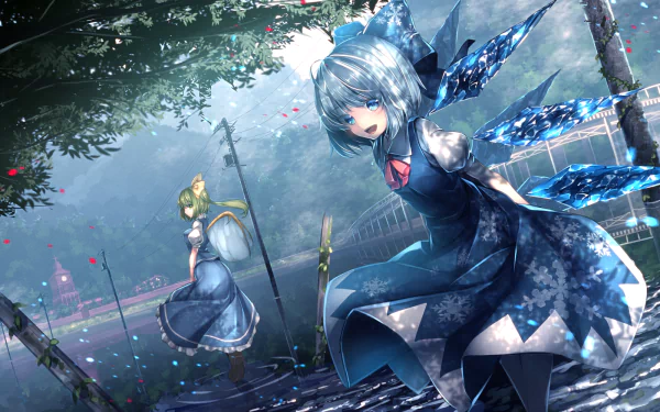 HD wallpaper featuring Daiyousei and Cirno from Touhou, depicted on a mystic bridge over water, with Cirno in a dynamic blue dress and Daiyousei in a white outfit amidst a serene, verdant setting.
