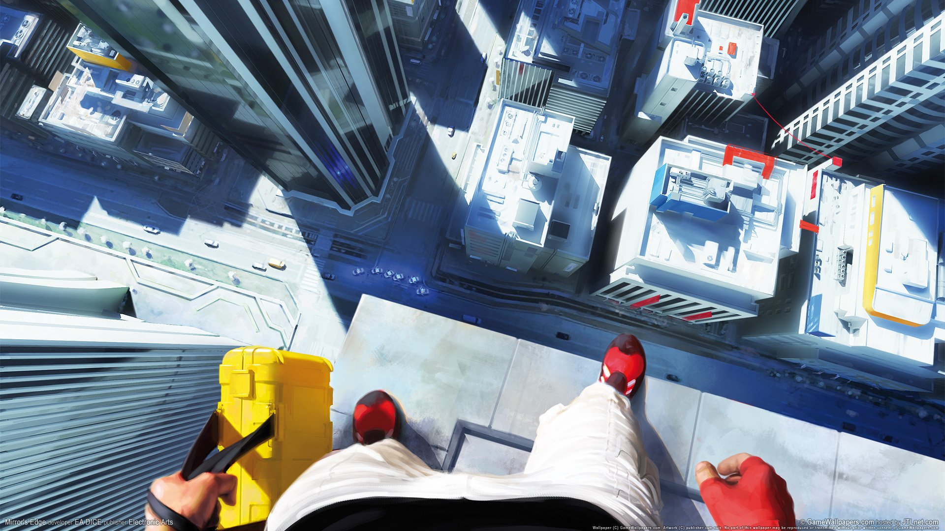 HD PC desktop wallpaper featuring a high-angle view from Mirror's Edge, showing a character standing on a rooftop edge above a cityscape with skyscrapers.