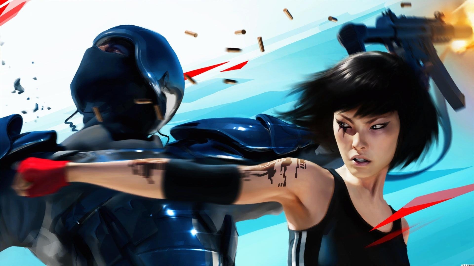 HD PC desktop wallpaper featuring intense action from the video game Mirror's Edge, showing the protagonist fighting an armored opponent with dynamic motion and vibrant colors.
