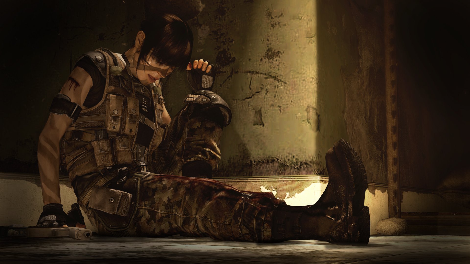 HD PC desktop wallpaper from the video game Beyond: Two Souls, depicting a character in tactical gear sitting against a wall in a dimly lit, worn environment.